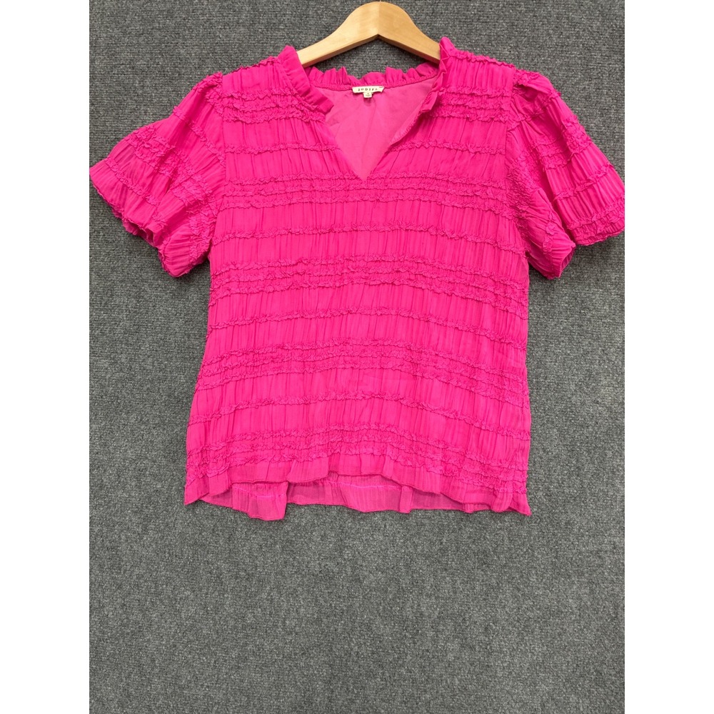JODIFL Hot Pink Ruffle Tiered Blouse G12723 Short Puff Sleeve Textured Top S